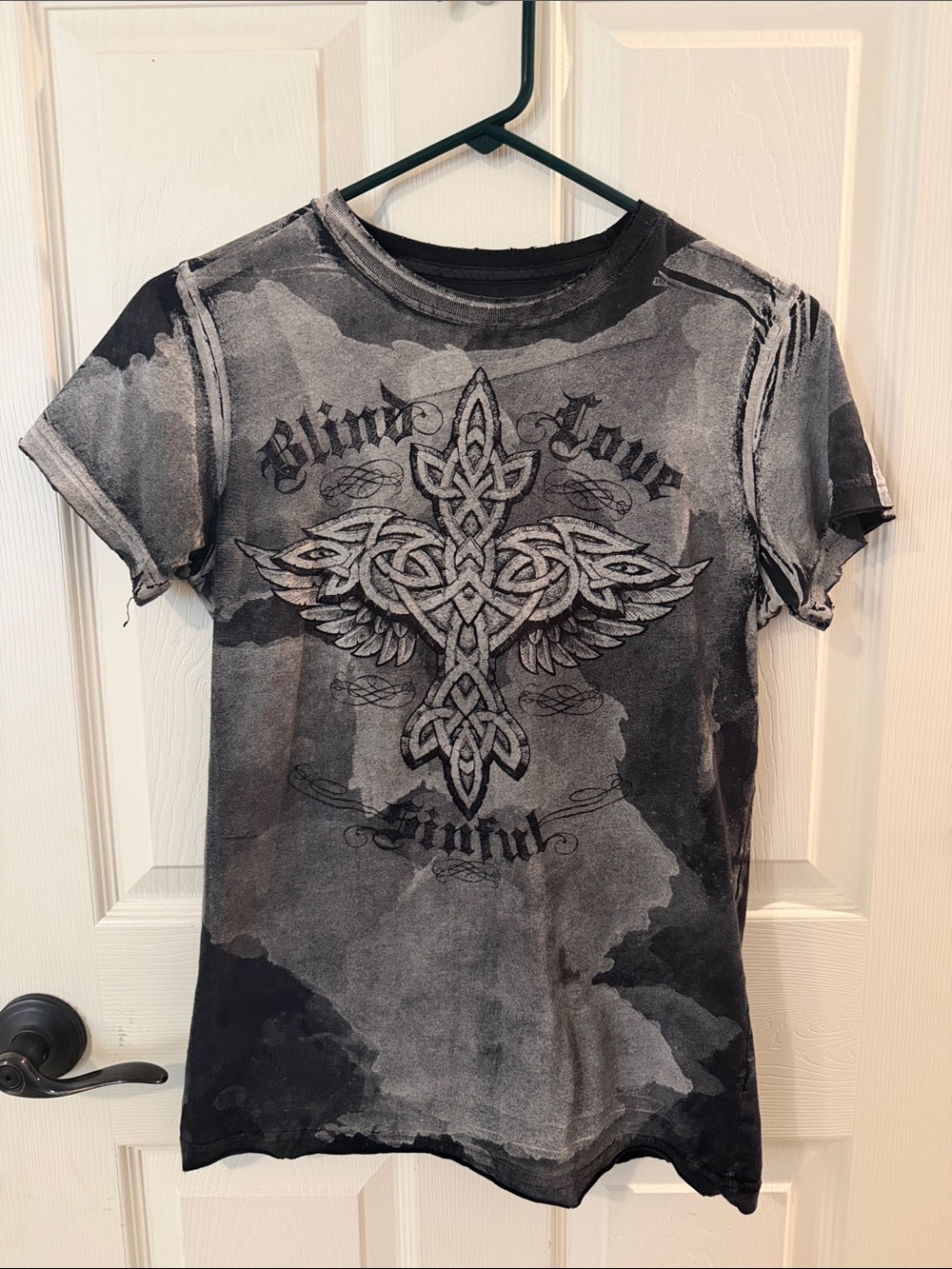 Sinful brand Graphic Celtic Cross Tie-Dye Tee in Black & Gray